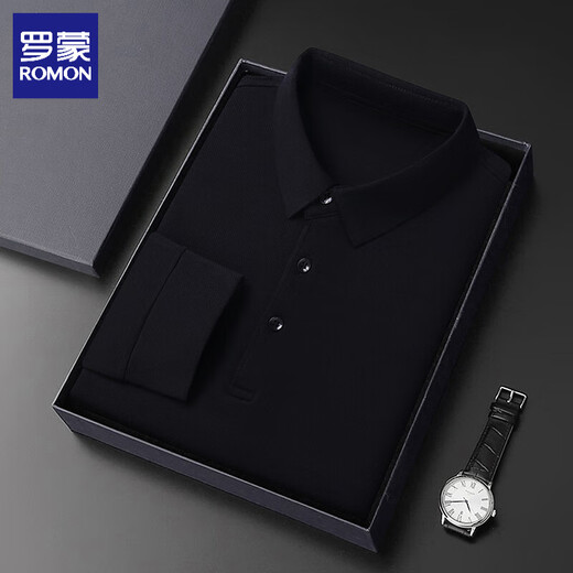 ROMON long-sleeved polo shirt men's 2025 spring and autumn new t-shirt men's business casual solid color bottoming shirt top men's black 4XL (180-200Jin Jin equals 0.5 kg can be worn)