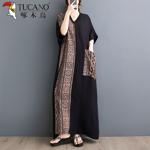 Woodpecker exports Thai fat M girls thin cotton and linen printed splicing tensile slim belly covering to make you look slim V-neck short-sleeved contrasting color long dress 9856# blue splicing, one size, 100-200 Jin [Jin equals 0.5 kg]