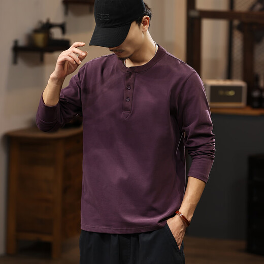 JEEP SPIRIT American classic Henry collar pure cotton long-sleeved T-shirt men's 2025 autumn casual sweatshirt men's loose bottoming shirt top purple XL