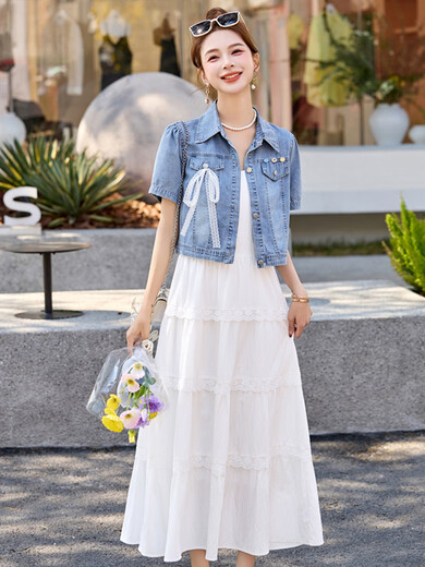 
XAE luxury high-end brand short-sleeved dress for women 2025 summer new fashionable and fashionable age-reducing denim suit skirt picture color L [Suggested 115-125Jin [Jin equals 0.5 kg]]