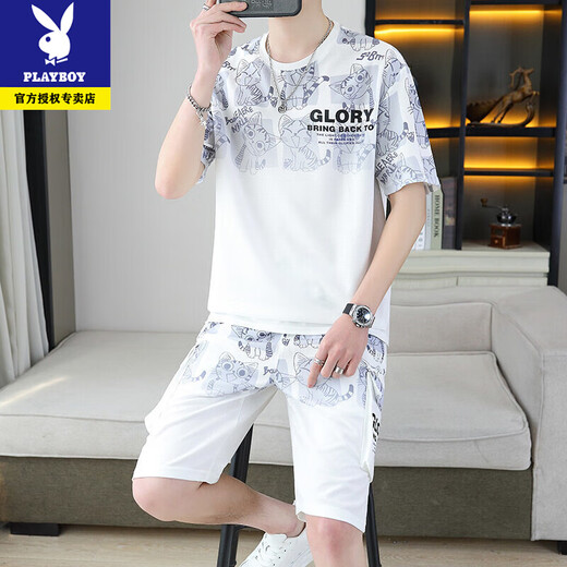 Los nuevos pantalones cortos de manga cortos de Playboy's Summer Products se establecen una camiseta informal coreana, pantalones de cinco cuartos, traje deportivo juvenil de dos piezas, azul 6187-set XL