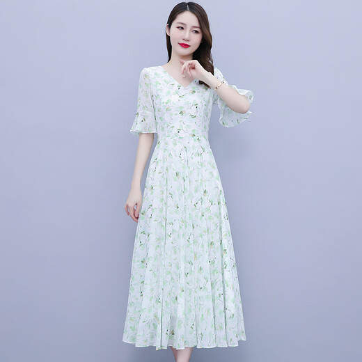 皮尔卡丹雪纺碎花连衣裙女士2025新款夏季高端长款高级感妈妈气质夏天长裙 844花色 M (95-105斤)