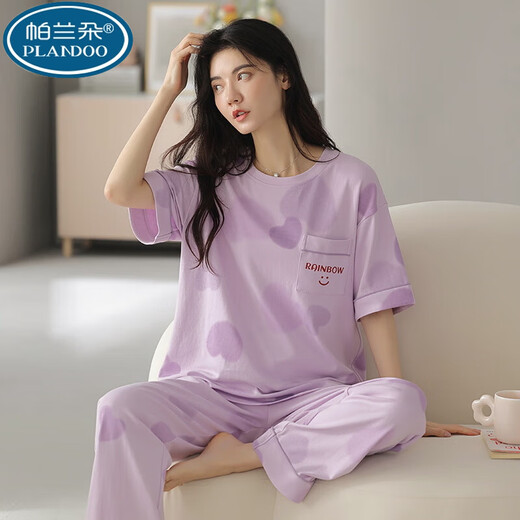 帕兰朵100新疆棉睡衣女短袖长裤夏季韩版女士圆领套装薄款全棉外穿家居 RN9712#短袖长裤 纯棉 M (80-100斤)