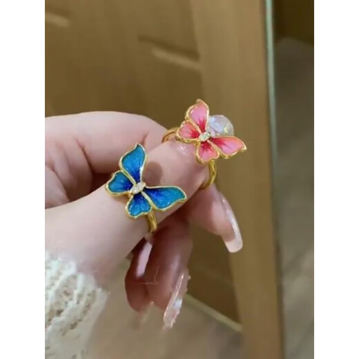 QUAMER ancient imitation enamel colorful butterfly ring for women inlaid with zircon ring as a birthday gift for girlfriend and wife blue butterfly ring-opening