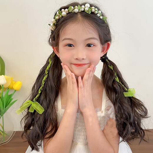 Jieyi Mint Diffuse Green Children's Braided Hairband Sweet Hairband Little Princess Festival Performance Headband Streamer Birthday Wreath Wizard of Oz Pearl Hairband 1 Pack