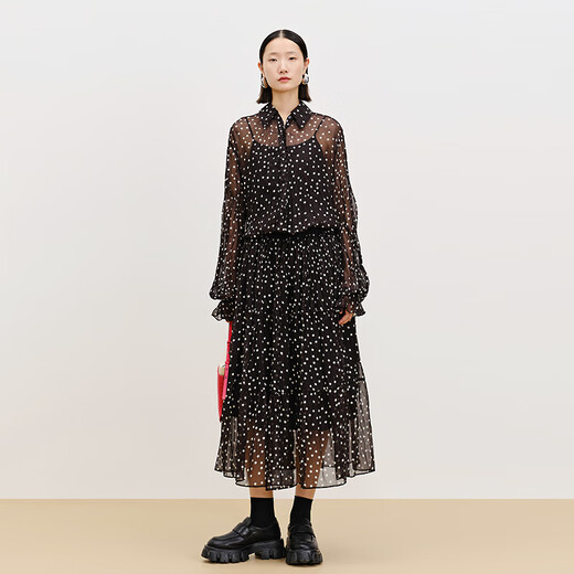 AUM Easy Suit 2025 Spring New Chiffon Printed Polka Dot Shirt Black Skirt Black Skirt S