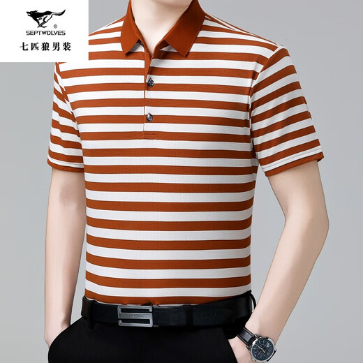Sept loups Nouveau T-shirt à manches courtes en soie à manches courtes pour hommes d'été d'âge moyen et de papa âgée portent un polo top à rayures minces 829 Gray S 165/105