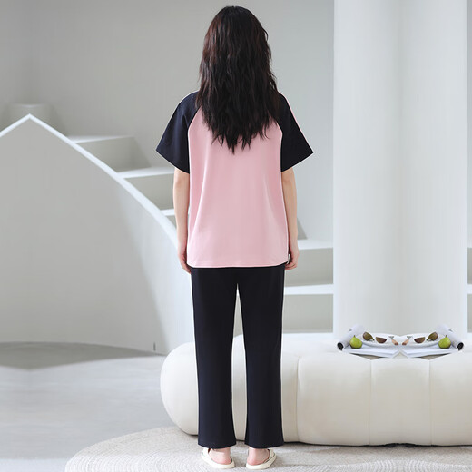 猫人100%纯棉睡衣女夏季短袖长裤休闲宽松女士家居服大码可外穿套装 688粉色 XL 【建议120-140斤】
