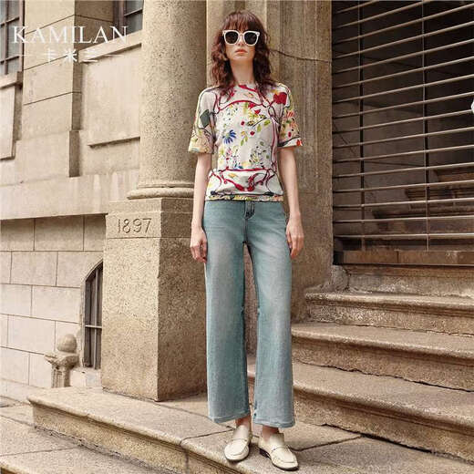 
Kamilan printed short-sleeved sweater for women in summer 2025 new high-end round neck slim bodywear style XL