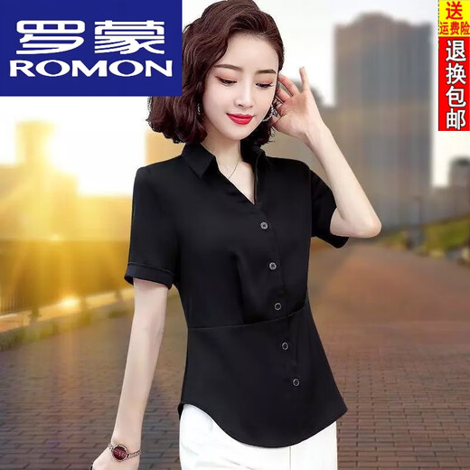Romon kurzärmeligte Seidenhemd für Frauen 25 Sommerstil Taille Hugging Slimming Shirt Temperament Professionelles Temperament Vielseitige altersreduzierende Top 898 Black Short.Sleeved 2xL 125/135