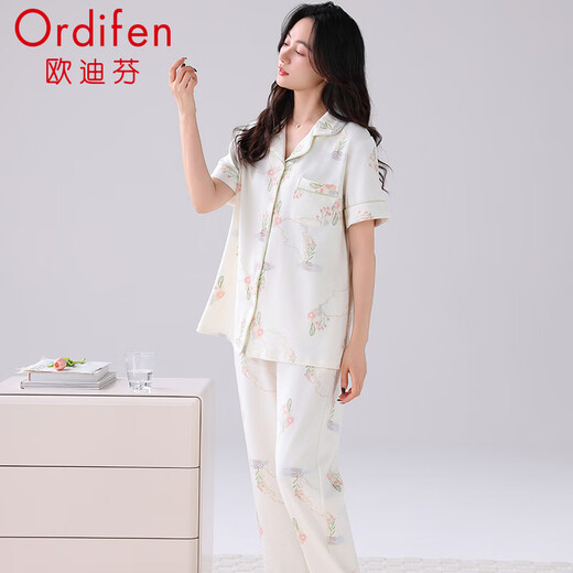 欧迪芬（Ordifen）女士睡衣女夏季100%纯棉短袖长裤家居服女舒适可外穿翻领休闲套装
