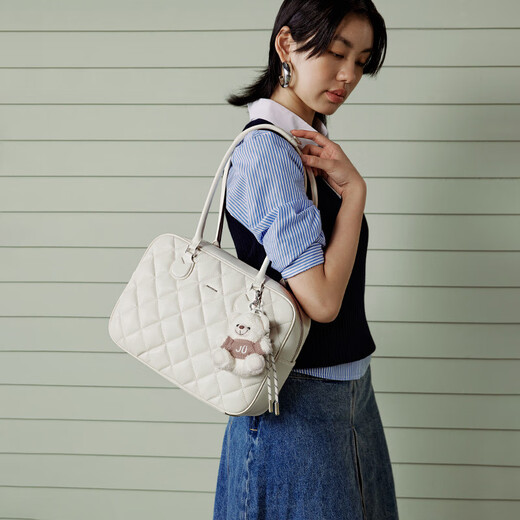 欧时纳（JUST STAR）华夫吐司包女中号2025新款通勤单肩腋下托特包大容量电脑包 巧克力棕大号+挂饰【可放13寸电