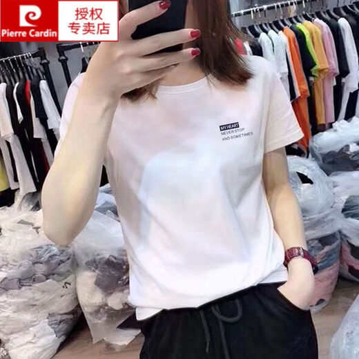 Pierre Cardin 2025 Sommer neuer Stil Front Schulter weiß kurzärmelig T-Shirt für Frauen schöne dünne lose große Baumwoll-T-Shirt Top Trendy KC693 Weiß S