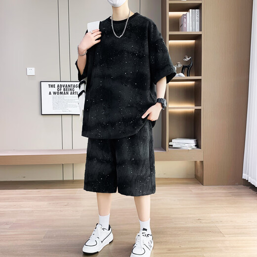 Gegusen casual sports ice silk suit 12-16-year-old boy summer trendy brand short-sleeved shorts summer teenagers men's clothing trend T6630 black M 80-100Jin [Jin equals 0.5 kg] wearable