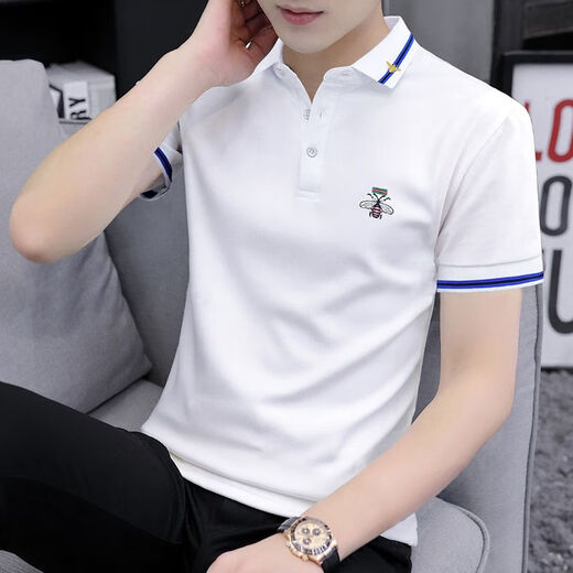 JEEP SPIRIT high-end trendy brand bead floor cotton embroidered Polo shirt men's slim short-sleeved T-shirt summer lapel top breathable half-sleeved S5012 model blue L suitable for 115-130Jin [Jin equals 0.5 kg]