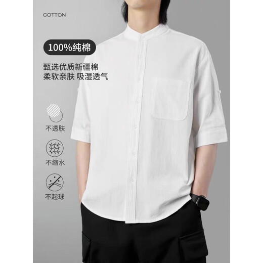 Stand collar white short-sleeved shirt for men Japanese style stand collar three-quarter sleeve outdoor lightweight Henry collar textured fashion shirt black upgraded linen fabric 2XL