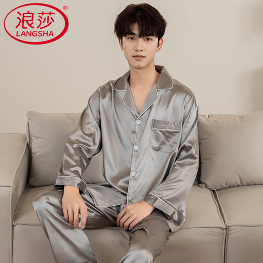 Langsha (Langsha) Frühlings- und Herbst-Pyjama-Männer mit langärmeligem Eis echte Seide, dünne Hauskleidung für Männer leichter Sommeranzug M6624 L [-140jin [Jin ist 0,5 kg]]]