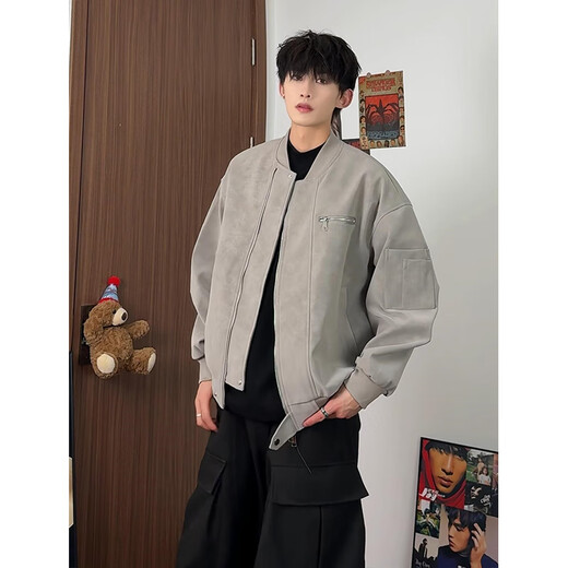 NYINGpu leather jacket men's 25 autumn new American trendy brand short casual work jacket loose versatile tie-dye top gray XL (125-150Jin Jin equals 0.5kg)