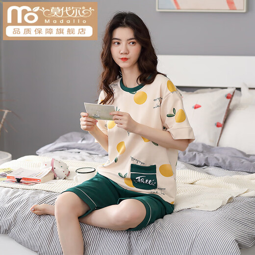 莫代尔睡衣女款夏季棉质短袖七分裤棉质圆点可外穿女士家居服 9854 【纯棉】 M 建议80-100斤穿