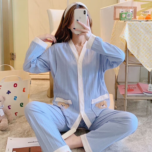 怀尔蔚月子服精梳棉产前产后睡衣怀孕家居服两件套哺乳调整长裤 1098月子服粉格侧开式 M 90-115斤