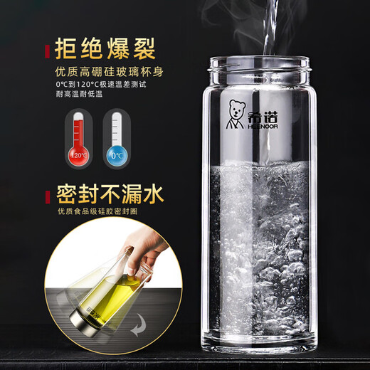 希诺（HEENOOR）玻璃杯单层加厚家用喝水杯便携随手杯大容量西诺水杯男士茶杯 6190-升级小熊【280毫升】 带滤网