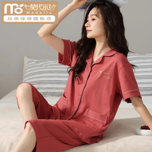 莫代尔棉质睡衣女夏季短袖七分裤大码开衫中青年女士套装外穿家居服 n9893短袖七分裤开衫 M (80-100斤)
