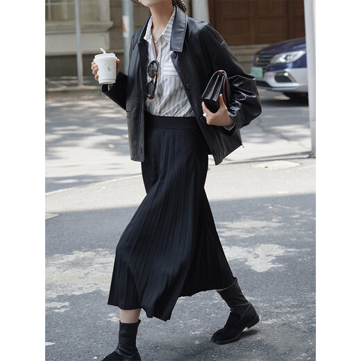 LE BEMIO line drawing workshop 2025 new black loose short leather jacket for spring leather jacket for women black pre-sale M