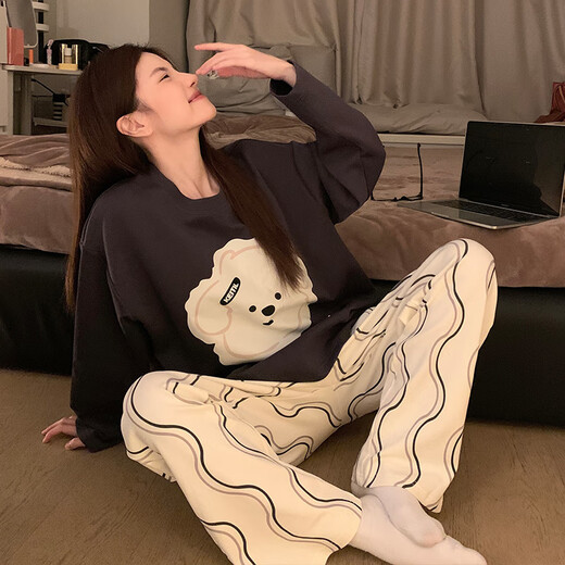 
Yalu new pajamas for women in spring and autumn summer long-sleeved cute student dormitory pure and beautiful home clothing set KT-16803-Sesame Street L [Suggested 100-120Jin [Jin equals 0.5 kg]]