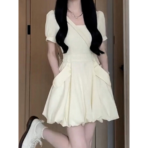 抒函温柔风法式白色连衣裙女2025夏季新款茶歇收腰显瘦长裙子1585 杏色短款 2XL 130-145斤