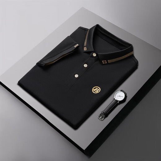 
LA HaiLan Home (HLA) same summer solid color lapel short-sleeved T-shirt men's trendy versatile casual loose top Black QY682 M