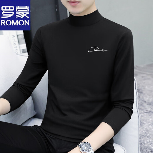罗蒙（ROMON）男士打底衫纯棉秋冬加厚莫代尔半高领长袖t恤上衣服内搭中领秋衣 C6187黑色 M