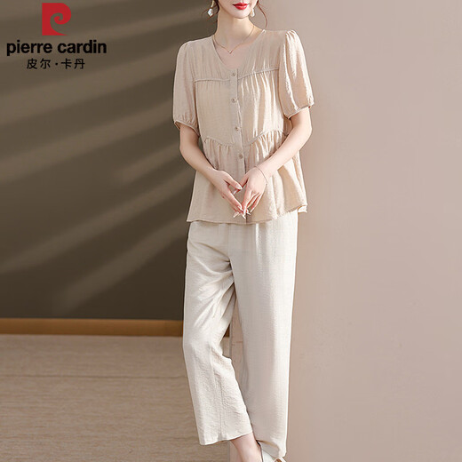 
Pier Cardin Mom Summer 2025 New Set Fashionable Middle-aged Women's Summer Short Sleeve Shirt Fashionable Wide Leg Pants Two-Pack Show 9435 Light Green Set L [Suggested 90-105Jin [Jin equals 0.5 kg]]