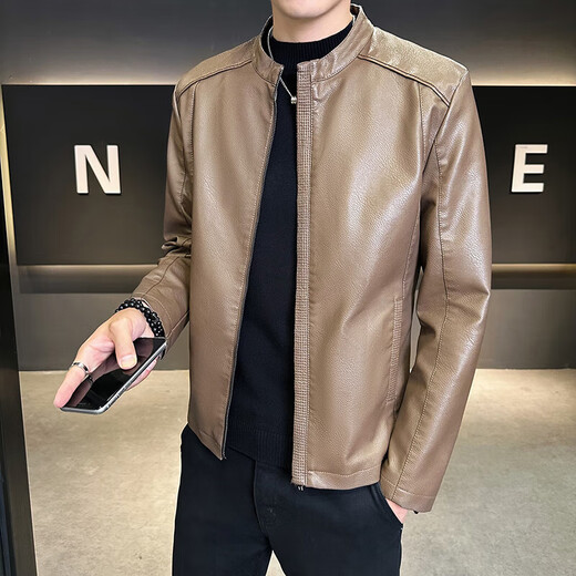 High-end stand-up collar leather jacket for men in autumn and winter new fashion casual black leather jacket velvet thickened versatile jacket khaki XL