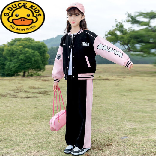 G.DuckKids Girls Baseball Costume printemps 2025 Nouveau style collégial Style Mid-Garning Children's Fashionable Spring and Automne Sportswear Two-Piece Set BQ1396 Black Two-Piece Set 150 taille recommandée environ 140
