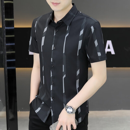 Siete lobos de la nueva camisa de manga corta de 2025 de 2025 hombres de verano, guapo guapo de alta gama de hilo de alta pulgada, ropa delgada fría 7027 negro m 90-110jin [Jin iguala 0.5 kg]