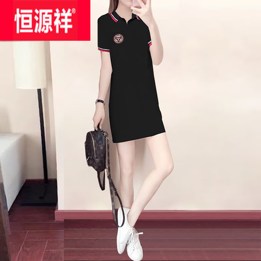 恒源祥新品冰丝夏装翻领t恤女短袖运动休闲小个子polo衫中长款女连衣裙 AL829黑色 L 103-113斤