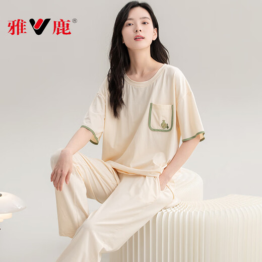 雅鹿新款睡衣女款夏季夏天纯棉短袖长裤半袖春秋鹅黄家居服夏款 CM65029【女】 Z9712 M 【建议80-100斤穿】