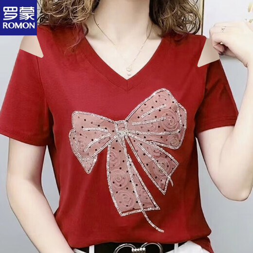 罗蒙（ROMON）2025短袖t恤女士夏新款修身显瘦时尚V领体恤短款上衣今年流行漂亮 黑色【604蝴蝶花】 2XL