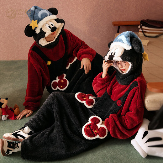 Gongdie thermal storage type Disney Mickey couple pajamas for women autumn and winter thickened coral velvet one-piece home clothes for men