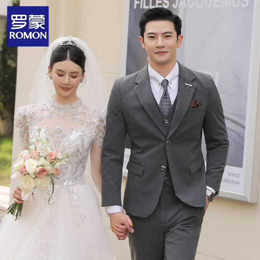 ROMON suit men's three-piece Korean style slim-fit small suit business casual professional formal dress groom wedding dress dark gray top + pants XL 52 120-135 Jin Jin equals 0.5 kg to wear