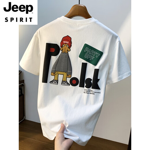 JEEP SPIRIT大码200斤圆领短袖T恤男2025年夏季港风印花棉质体恤加肥加大男士 白色8 JSW9928 M 建议90-108 斤