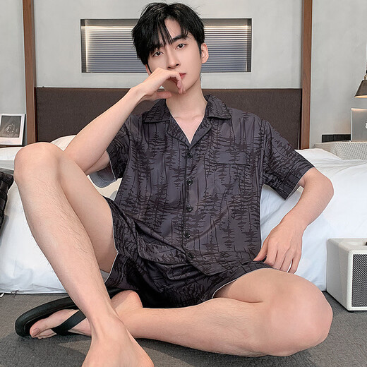 雅鹿2025夏季青年开衫休闲睡衣男士冰丝短袖短裤套装家居服可外穿 6627 L 建议100-120斤