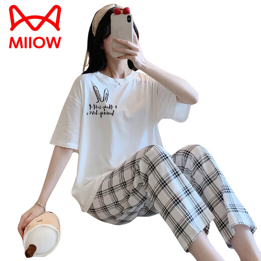 猫人（MiiOW）春秋睡衣女夏季薄款纯棉短袖长裤两件套装宽松全棉休闲女士家居服 SSM-6625 XL 【115-140斤】