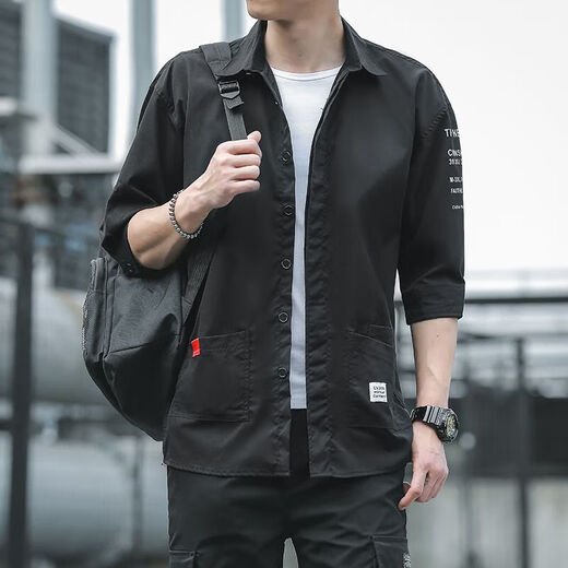 衬衫男士七分长袖韩版宽松潮流休闲半袖夏季中袖上衣男衬衣工装 701黄色 M