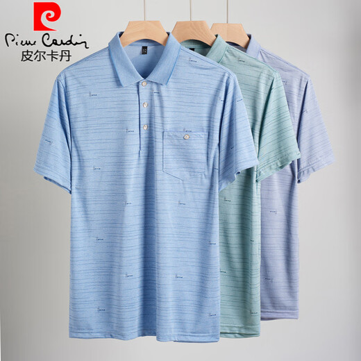 Pier Cardin daddy wear lapel ice silk short-sleeved T-shirt for middle-aged men's casual T-shirt for middle-aged and elderly thin POLO shirt summer clothes T ice silk-9923 blue real pocket M 48/165