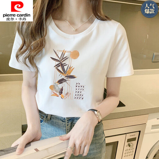 Pierre Cardin Sommer 2025 Neues T-Shirt aus Baumwollwäsche für Frauen Lose Temperament Studenten Vielseitiges Schulter-T-Shirt Top 6172 Lederpulver Kurzschläfe m (Empfohlen 80-105 Jin [Jin gleich 0,5 kg])