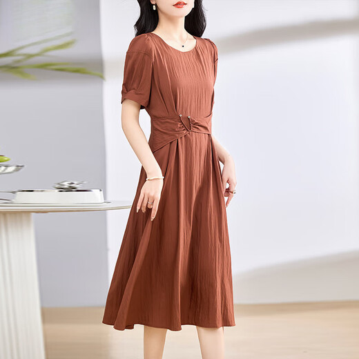 XAE Vestido de manga corta de marca de lujo de alta gama para mujer 2025 Verano Nuevo diseño Temperamento de cuello redondo que cubre el vientre y falda adelgazante Albaricoque L