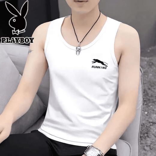 Playboy (Playboy) Herrenweste für Sommer Neue trendige Sport- und Fitnessweste schlanker Anpassungen in ärztem T-Shirt Ice Seidenbasis Sweatshirt 2-teilige China White + China Black Collection und Kauf M XL Empfohlen 165-180c110-125jin [Jin gleich 0,5 kg]