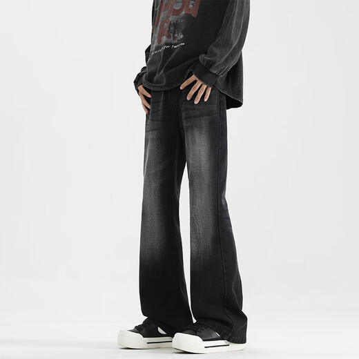 MONPOC American high street bootcut jeans men's spring, autumn and winter trendy casual straight long pants 908 black gray L