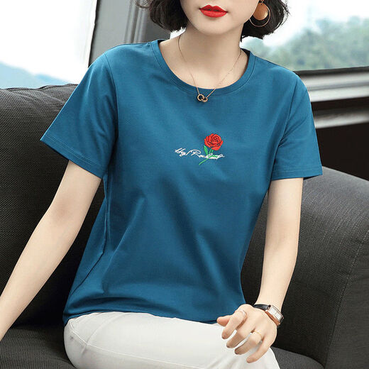 索宛亦（SUOWANYI）中年妈妈短袖T恤衫女夏天宽松大码黑色圆领套头老太太遮肚子夏装 6628#(短)袖浅灰色玫瑰 M